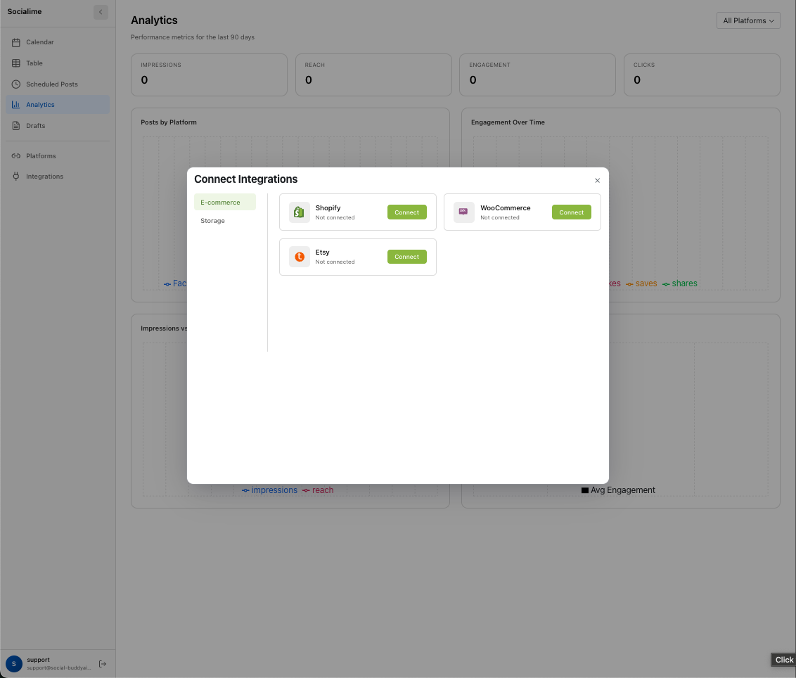 Connect integrations like Shopify, WooCommerce, Etsy
